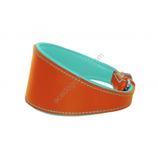  Ace Traditional Leather Dog Collar lined with super SOFT leather :: ORANGE with BABY BLUE LINING::